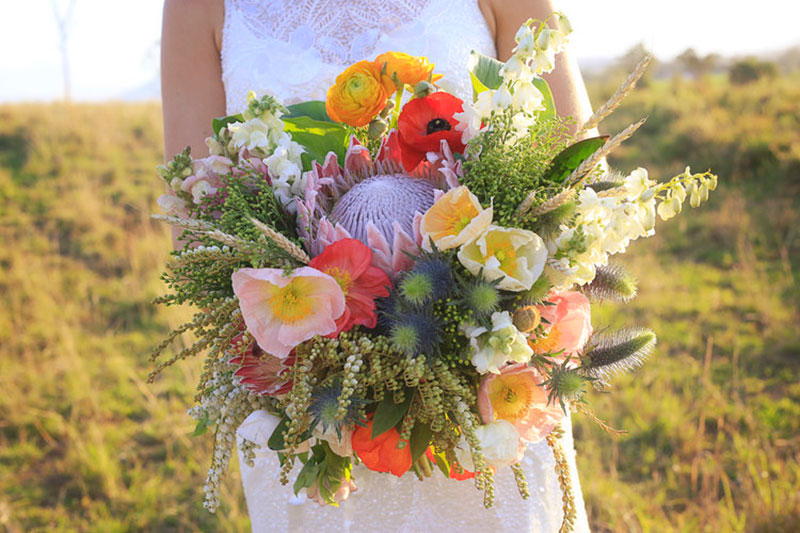 Colourful bouquet of country wedding flowers.