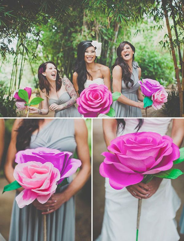 Large pink paper flower bridal party bouquet