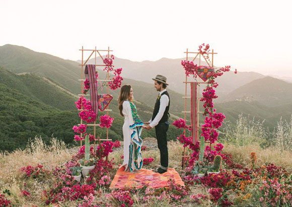 Bohemian hipster wedding altar untraditional dress and suit