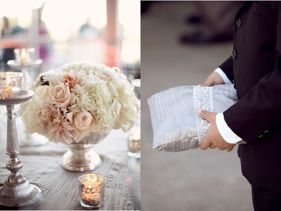 Pink and white floral bouquet tied in with grey and silver wedding decor