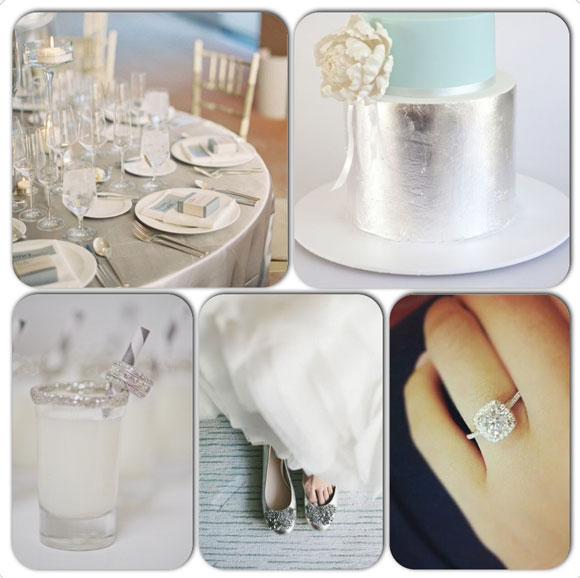 Silver wedding decor and sparkly white gold wedding rings