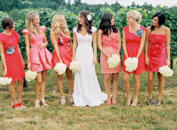 Red mismatched bridesmaids dresses