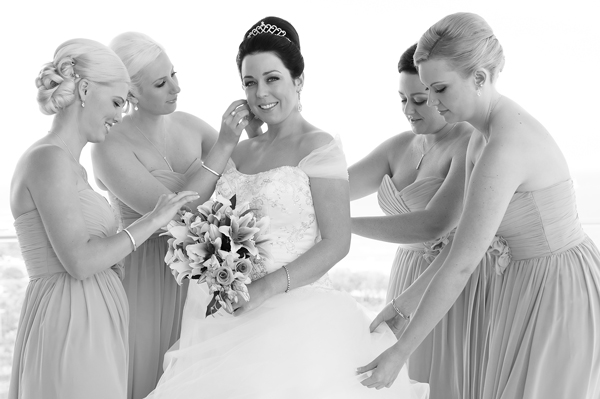 Black and white photo of bridal party getting ready