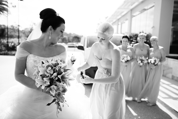 Black and white photo of bridal partying preparing