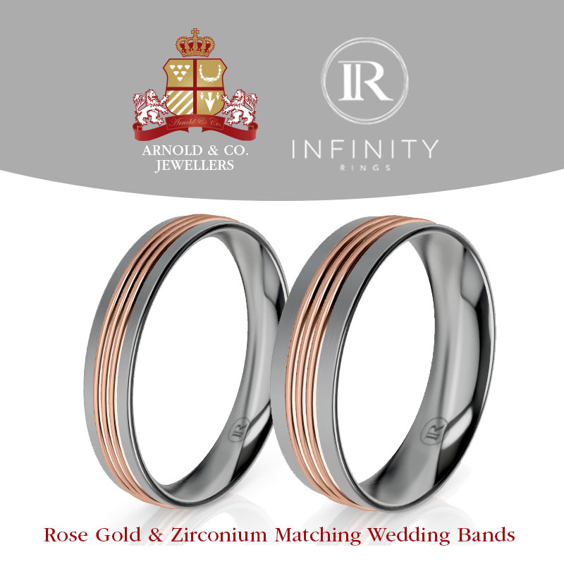 Rose Gold and Zirconium matching wedding rings made by Arnold & Co.Jewellers.