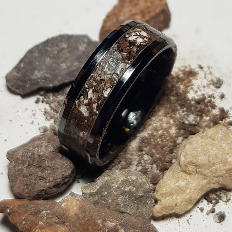 Black ceramin ring with genuine dinosaur bone