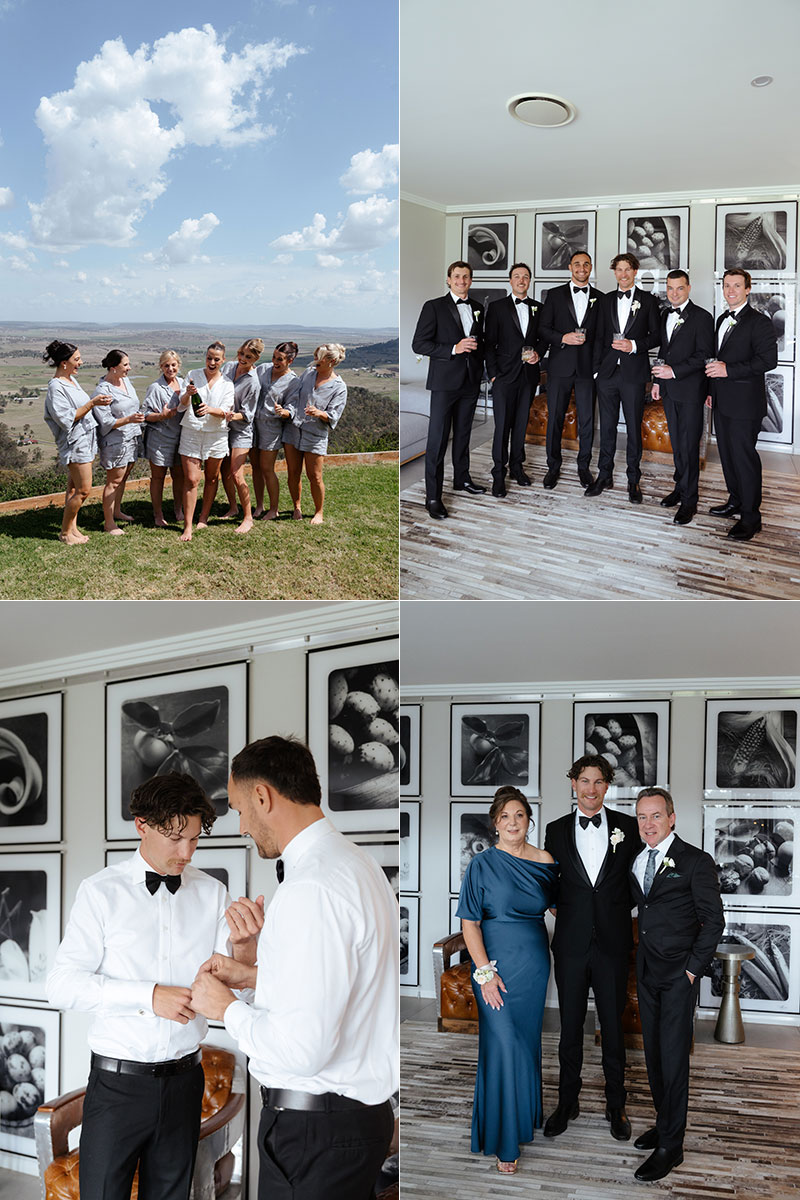 Getting ready with bridesmaids and groomsmen.