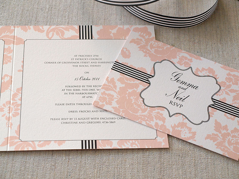 Peach, white and black wedding invitation and RSVP card.
