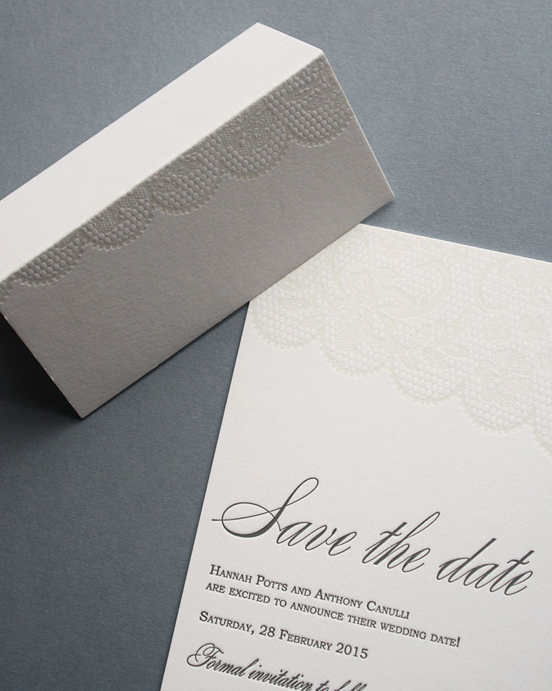 Handcrafted letterpress save the date cards.