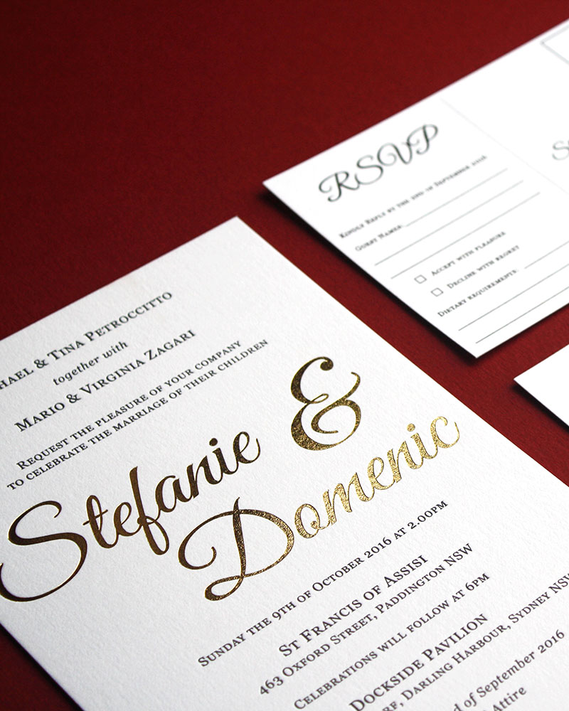 Gold foil letterpress wedding invitations.
