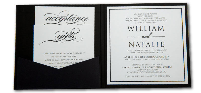 Black and white wedding invitation.