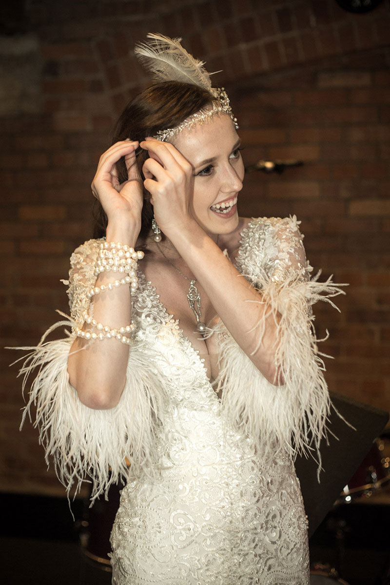 Bride dressed in a Gatsby inspired wedding gown.