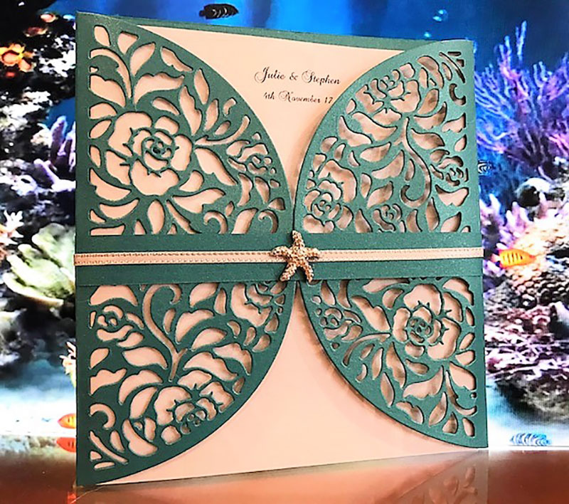 Green coloured Pocket Invitation for a marine/underwater theme.