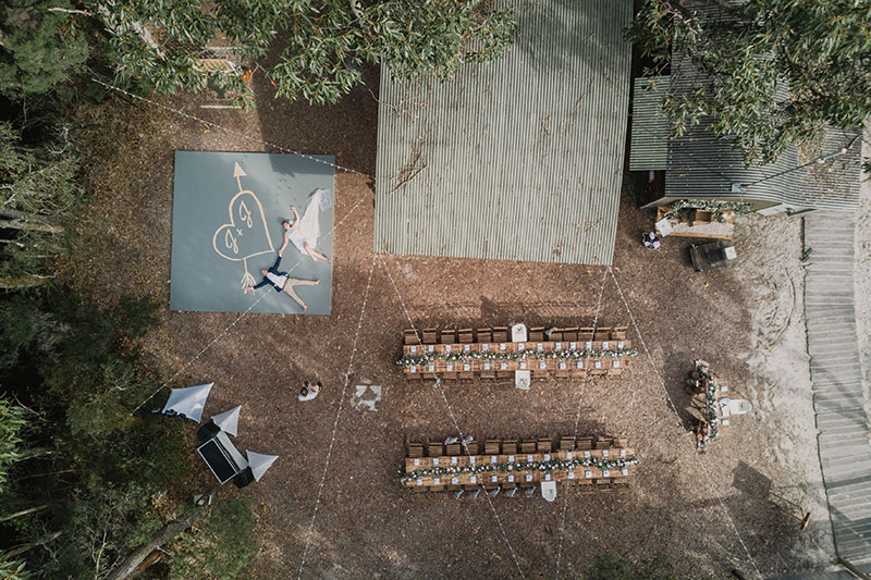 Birds eye view of a wedding set up at Kingfisher Bay Resort.