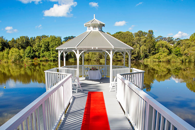 The gazebo on the lake set up for a wedding ceremony at Lincoln Downs Resort.