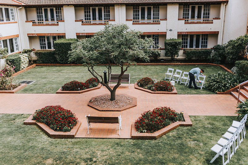 Outdoor wedding being set up at Mercure Canberra.