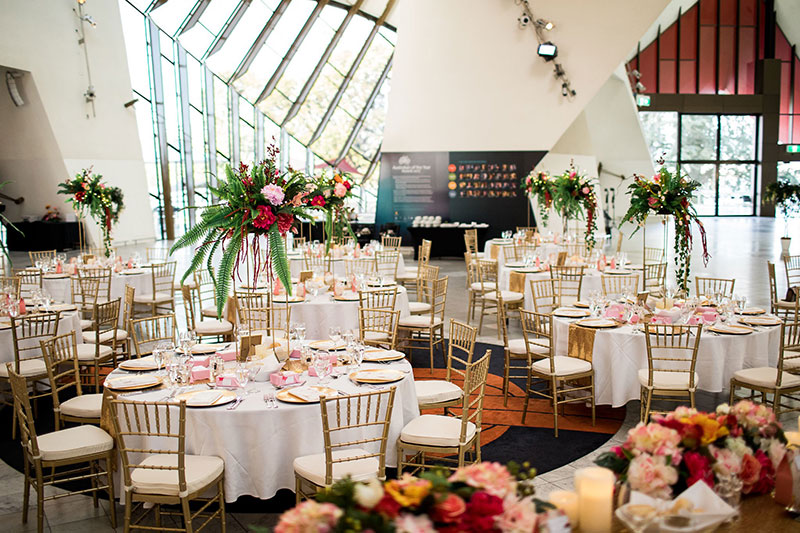 Beautiful wedding reception set up at the National Museum of Australia.