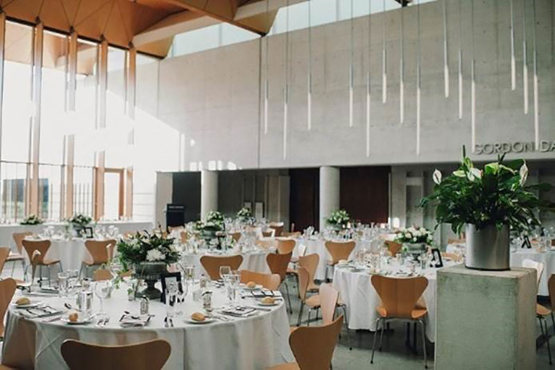 Light and airy set up of a wedding reception at the National Portrait Gallery.