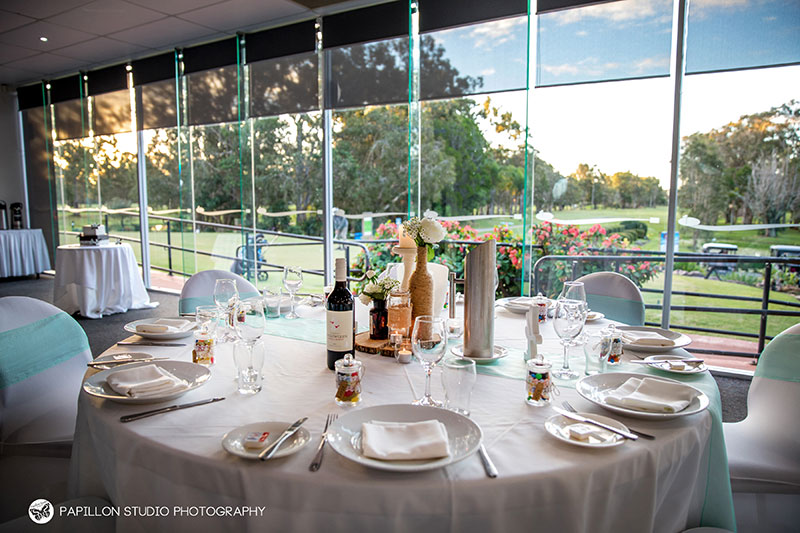 Wedding Reception table set overlooking the Redland Bay Golf Club course.