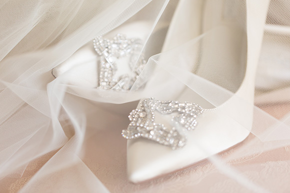 White wedding shoes with diamantes.