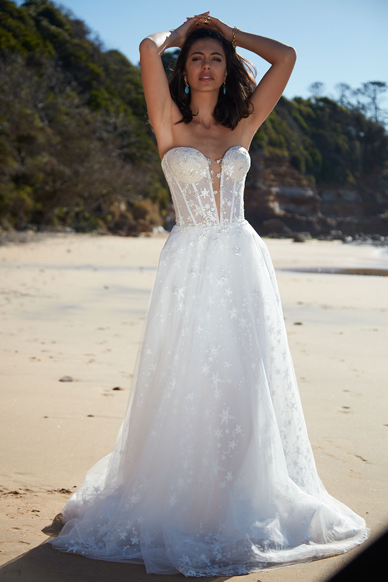 Xena by Sarah Joseph Couture worn by model on the beach.