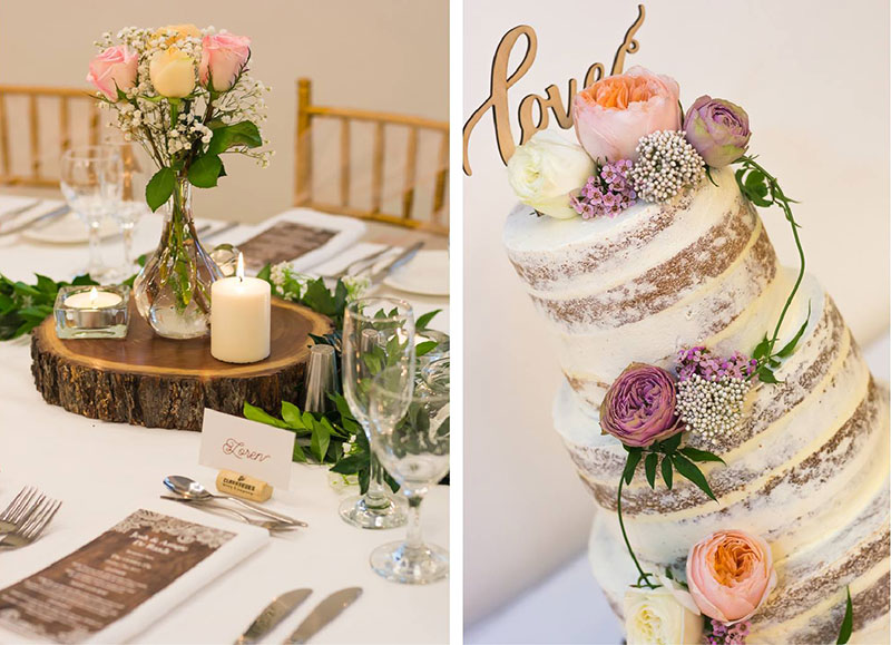 Table setting and cake details at The Golden Ox.