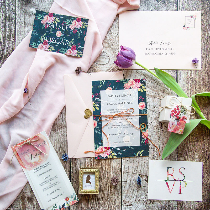 Bright statement botanical designed wedding stationery.