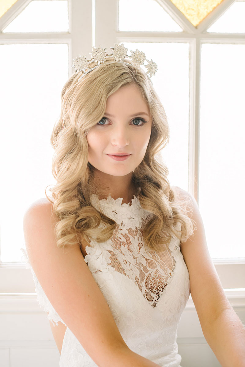 Bride with high neckline wedding gown from When Freddie met Lilly.