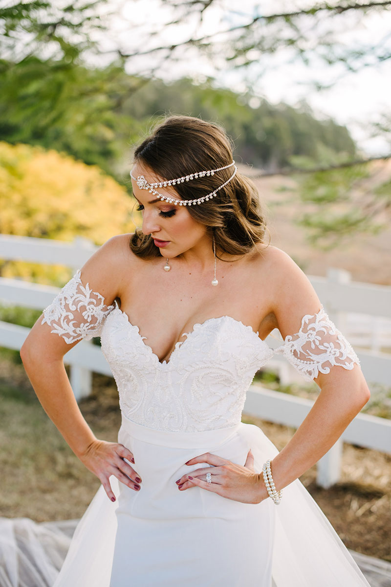 Bride wearing strapless gown with beautiful lace bodice.