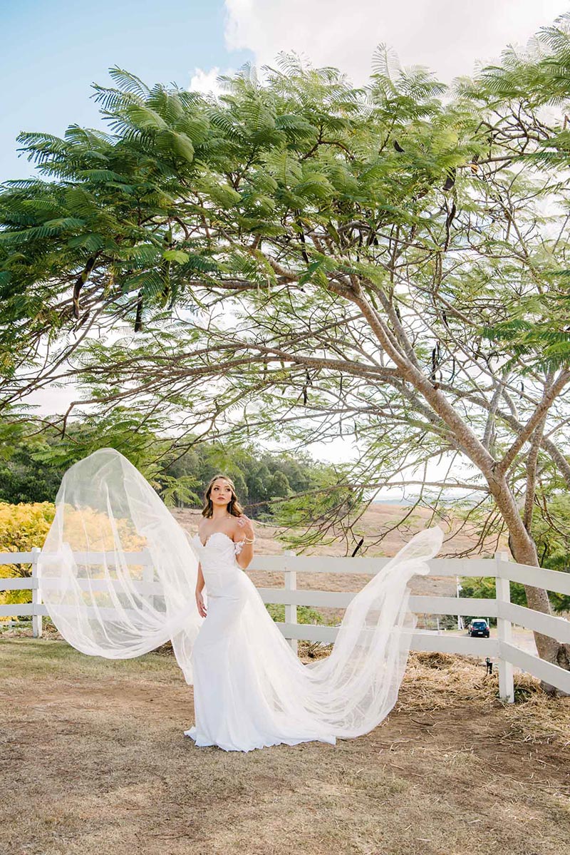 Bride wearing a gown with an attached tulle skirt in breeze.