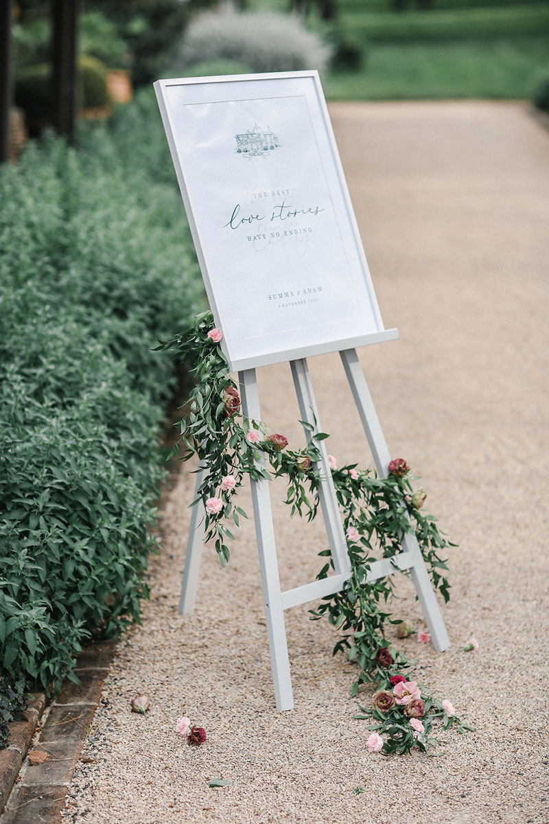 Wedding welcome sign set up on an easel.