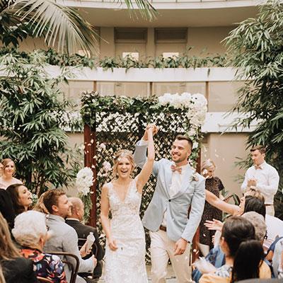 Happy bride and groom just married at Pavilion on Northbourne.